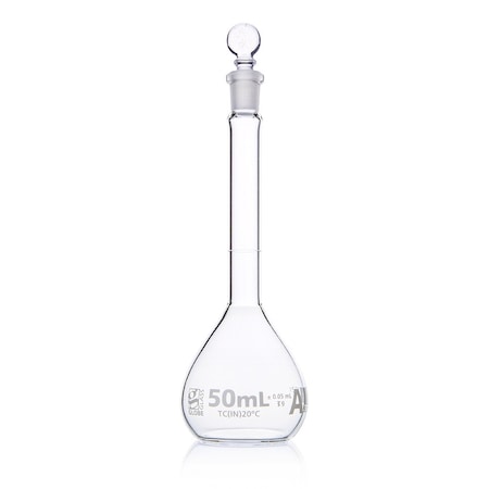 Globe Scientific Flask, Volumetric , Globe Glass, 50mL, Class A, To Contain (TC), ASTM E288, 6/Box 8200050